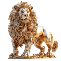 Sculpture of a majestic lion with intricate details in a shiny golden finish located in an art gallery isolated on transparent background. png