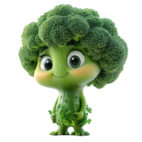 Cute animated broccoli character smiling with leafy greens in a playful, colorful design in a friendly environment isolated on transparent background. png