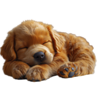Golden retriever puppy sleeping soundly with soft fur in a cozy position, evoking warmth and comfort in a peaceful setting isolated on transparent background. png
