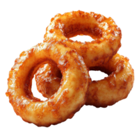 Crispy onion rings stacked on each other in a restaurant setting during lunchtime isolated on transparent background. png