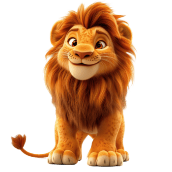 söt animerad lejon karaktär stående självsäkert med en ljus uttryck i en glad miljö isolerat på transparent bakgrund. png
