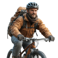 Cyclist navigating challenging terrain with a backpack during an outdoor adventure in a forested area isolated on transparent background. png