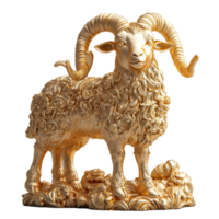 Golden ram sculpture with detailed fur and prominent horns displayed in a creative studio setting isolated on transparent background. png