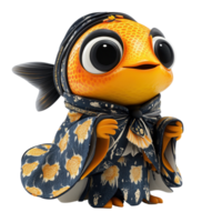 Colorful animated fish character dressed in traditional attire stands proudly in a whimsical setting isolated on transparent background. png