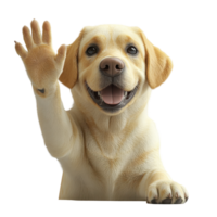Yellow Labrador puppy happily waving its paw in a cheerful gesture, showcasing playful demeanor in bright setting isolated on transparent background. png