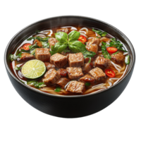 Bowl of steaming beef noodle soup with fresh herbs and lime wedge on the side served in a black dish isolated on transparent background. png