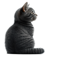 Grey tabby cat sitting side profile against a plain white background in calm and relaxed posture isolated on transparent background. png