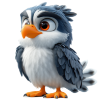 Cute cartoon bird with large eyes and fluffy feathers stands proudly in a playful pose against a white background isolated on transparent background. png