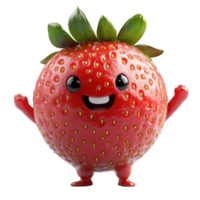 Smiling cartoon strawberry character with arms raised, celebrating a joyful moment in a colorful illustration isolated on transparent background. png