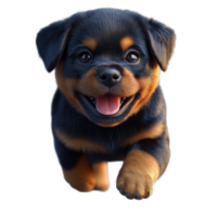 Happy rottweiler puppy running through a bright space with playful energy and joy isolated on transparent background. png