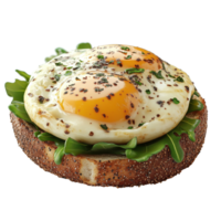 Freshly cooked eggs on whole grain bread with arugula and herbs served for breakfast isolated on transparent background. png
