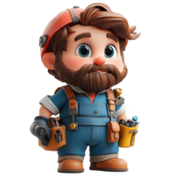 Cartoon character of a male carpenter with tools wearing a hard hat in a workshop setting isolated on transparent background. png