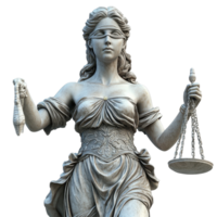 Statue of Lady Justice holding scales and sword representing fairness and law in a timeless design isolated on transparent background. png