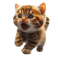 Cute playful kitten running joyfully in a bright, cheerful environment during the day, expressing excitement and curiosity isolated on transparent background. png
