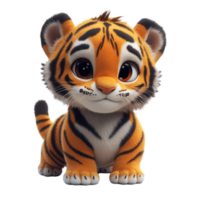 Cute playful tiger cub in a colorful animation style situated in a lively jungle setting with vibrant flora during daylight hours isolated on transparent background. png