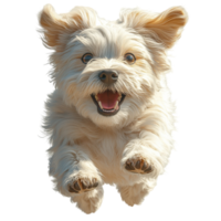 Happy small dog leaping joyfully in a bright outdoor setting while enjoying a sunny day isolated on transparent background. png