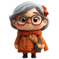 Cute animated grandmother character in cozy orange outfit with glasses and flower accessory isolated on transparent background. png