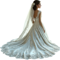Elegant bride wearing a detailed lace wedding gown with a flowing train in a serene indoor setting near a large window isolated on transparent background. png