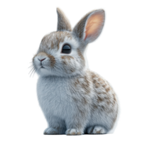Cute fluffy rabbit with grey and white fur sitting calmly in a bright environment isolated on transparent background. png