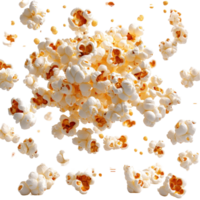 Flying popcorn creates a playful, exciting atmosphere during movie night at home isolated on transparent background. png