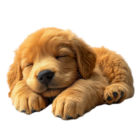 Golden retriever puppy sleeping peacefully on a soft surface in a cozy environment isolated on transparent background. png