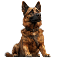 Smart and attentive dog sitting calmly in a relaxed posture with a shiny coat and harness isolated on transparent background. png