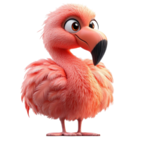 Cute animated flamingo character with fluffy feathers and expressive eyes standing in a playful pose isolated on transparent background. png