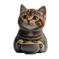 Cute kitten holding a small wooden bowl while looking curiously at the camera indoors isolated on transparent background. png