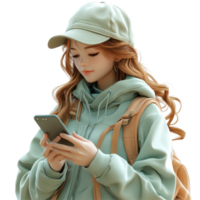 Young woman in a light hoodie and cap using her smartphone while carrying a backpack in a casual setting isolated on transparent background. png