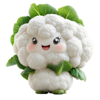 Cute animated cauliflower character smiling with leafy greens in a whimsical garden setting isolated on transparent background. png