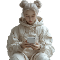 Young person in light-colored outfit using smartphone while sitting, showcasing modern fashion and technology interaction isolated on transparent background. png