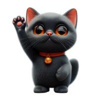 Cute cartoon black cat waving with bright orange eyes and collar in a playful pose isolated on transparent background. png