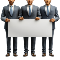 Three men in suits holding a blank sign in a studio setting isolated on transparent background. png