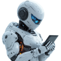 Advanced robot interacting with a tablet device in a futuristic setting, showcasing artificial intelligence and technology integration isolated on transparent background. png