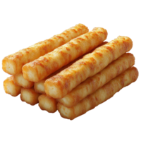 Crispy potato sticks arranged on a plate in a bright kitchen setting during lunch time isolated on transparent background. png