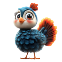 Colorful cartoon bird character with large expressive eyes and vibrant feathers, designed for animation projects and children's media isolated on transparent background. png