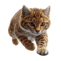 Wild cat sprinting across a white background showcasing its agility and alertness isolated on transparent background. png