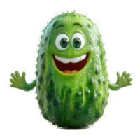Happy cartoon cucumber character with a joyful expression and outstretched arms in a playful setting isolated on transparent background. png