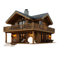 Cosy wooden cabin in a serene setting with a large porch and warm lighting during evening hours isolated on transparent background. png