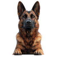German Shepherd poses calmly with attentive expression in a neutral setting highlighting characteristics of the breed isolated on transparent background. png