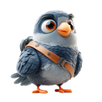 Colorful animated bird character with a strap, designed for a playful adventure in a fantastical setting isolated on transparent background. png