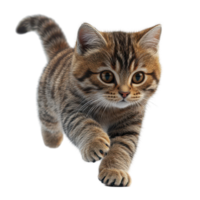 Cute tabby kitten walking playfully toward the camera in a bright setting isolated on transparent background. png