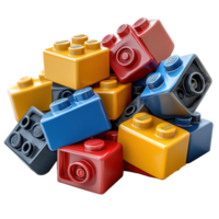 Colorful building blocks create imaginative play scenes for children in educational settings isolated on transparent background. png