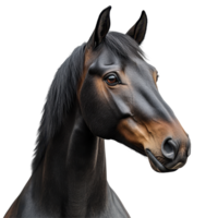 Black horse with glossy coat and alert expression against a plain background isolated on transparent background. png