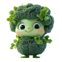 Cute broccoli character with a friendly expression and leafy details standing proudly in a vibrant green setting isolated on transparent background. png