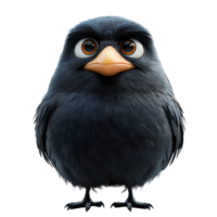 Cartoon-style black bird with large eyes and a cute expression stands out against a white background in this playful illustration isolated on transparent background. png