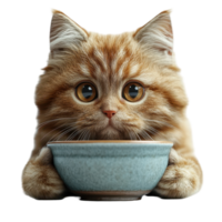 Cute orange cat holds bowl with curious expression in home setting isolated on transparent background. png