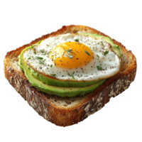 Delicious avocado toast topped with a perfectly cooked egg garnished with herbs on whole grain bread isolated on transparent background. png