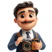 Friendly cartoon character holding a vintage camera while smiling in a casual environment isolated on transparent background. png