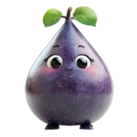 Cute cartoon fig character with big eyes and a smiling expression, standing on small feet isolated on transparent background. png